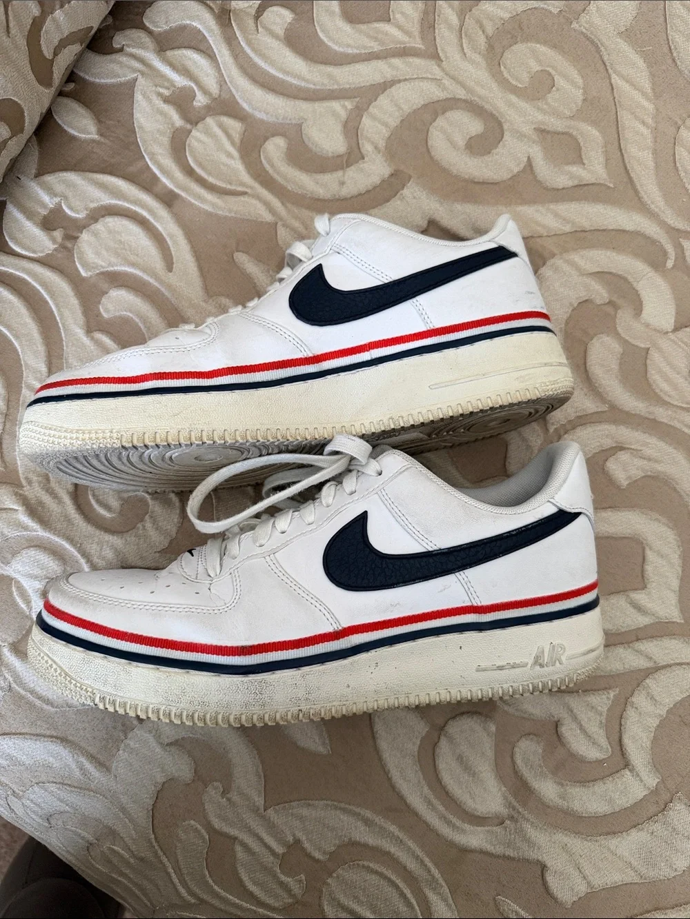 Nike Men’s White Sneakers with Navy Swoosh & Red Trim